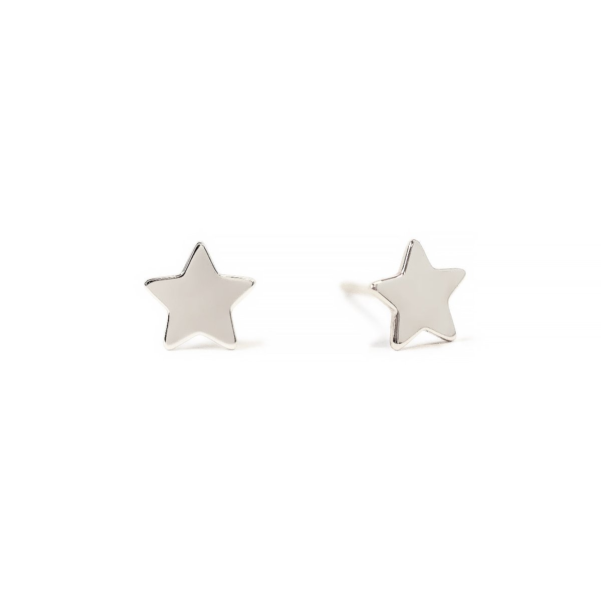 Pair of 14K white gold flat star stud earrings on a white background