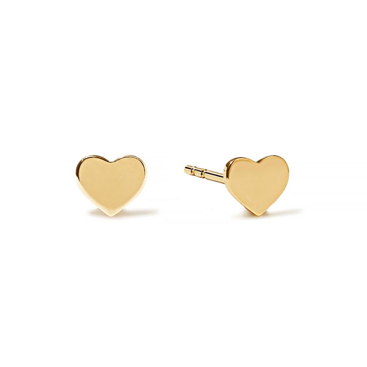 Pair of 14K gold tiny heart studs with flat heart tops, on a white background
