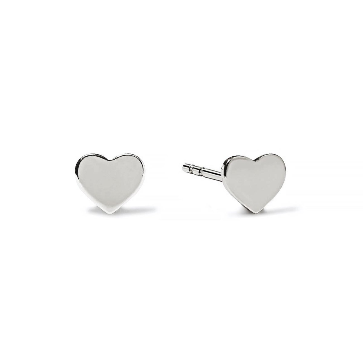 14K white gold tiny heart studs with push backs, shown as a pair on a white background