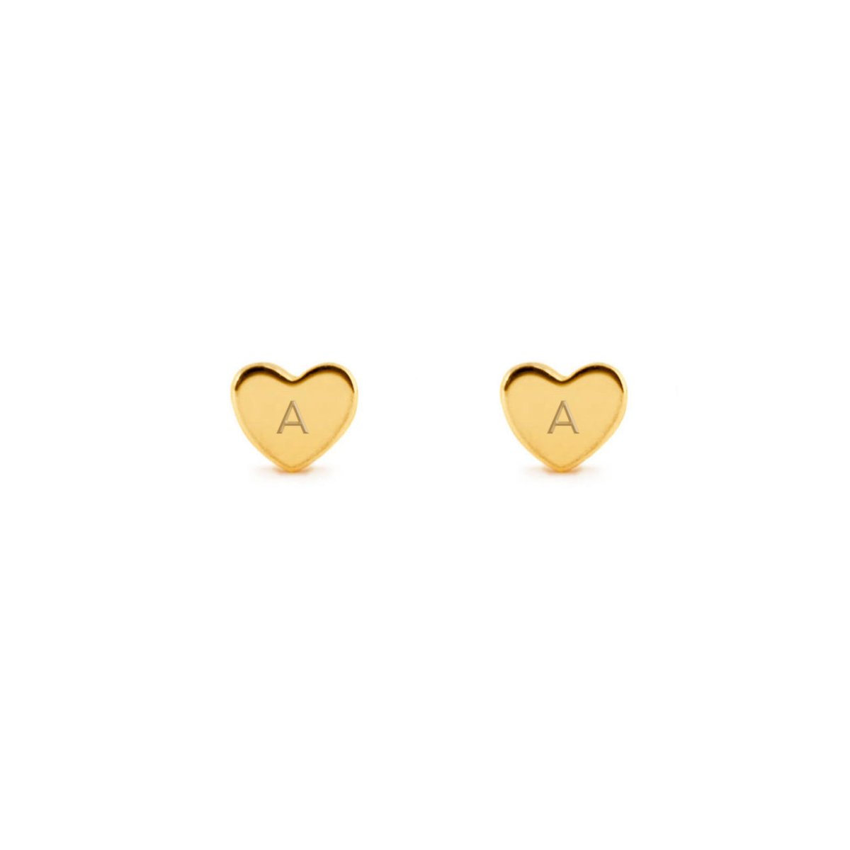 Pair of 14K gold tiny heart stud earrings engraved with an initial, on a white background