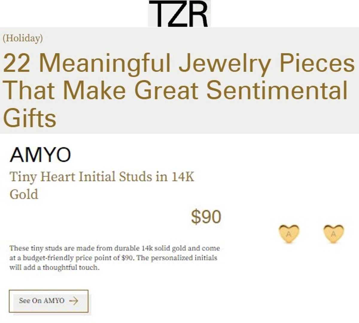 14K gold tiny heart initial studs featured in a TZR sentimental gifts editorial graphic