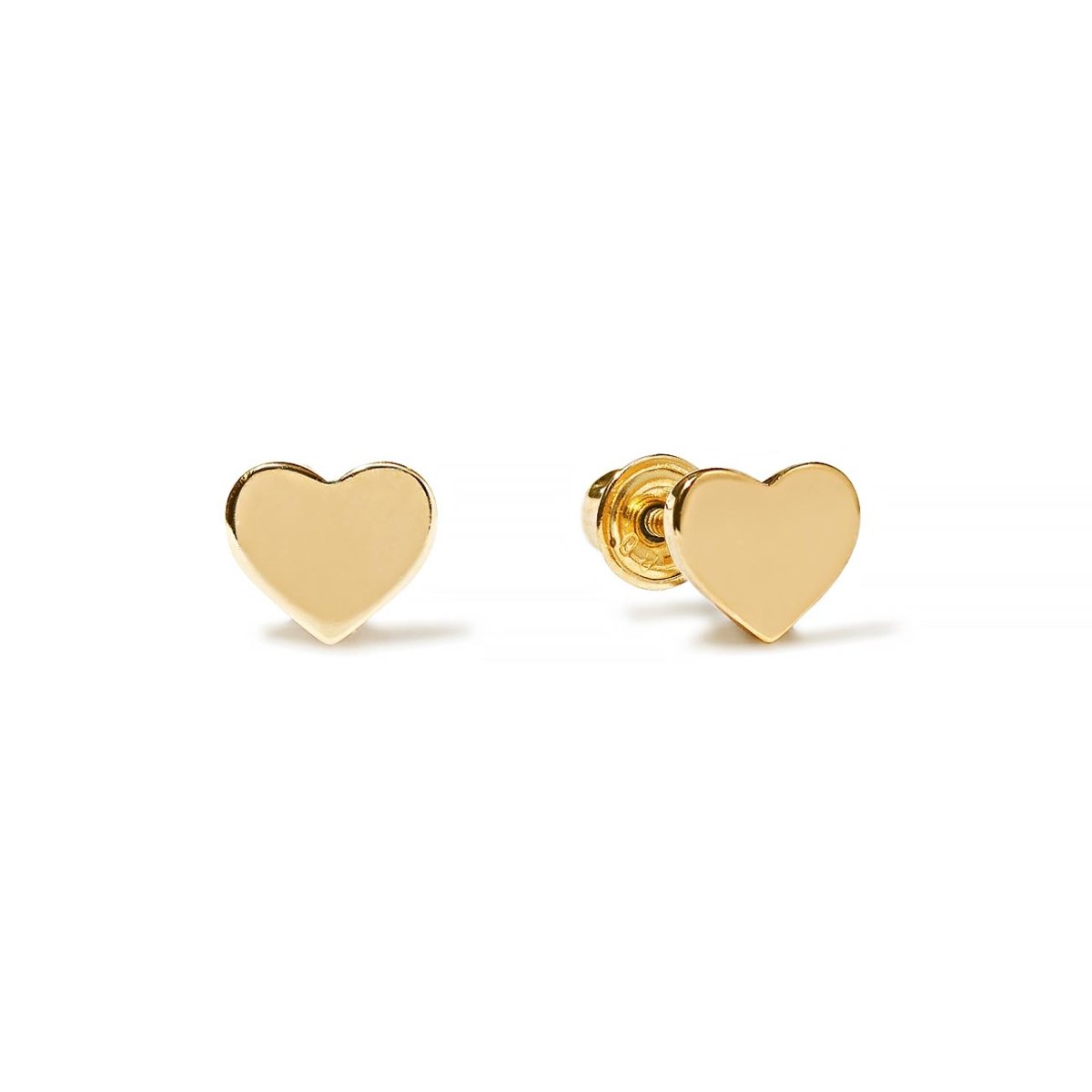 14K gold tiny heart studs with screw backs, shown as a pair on a white background