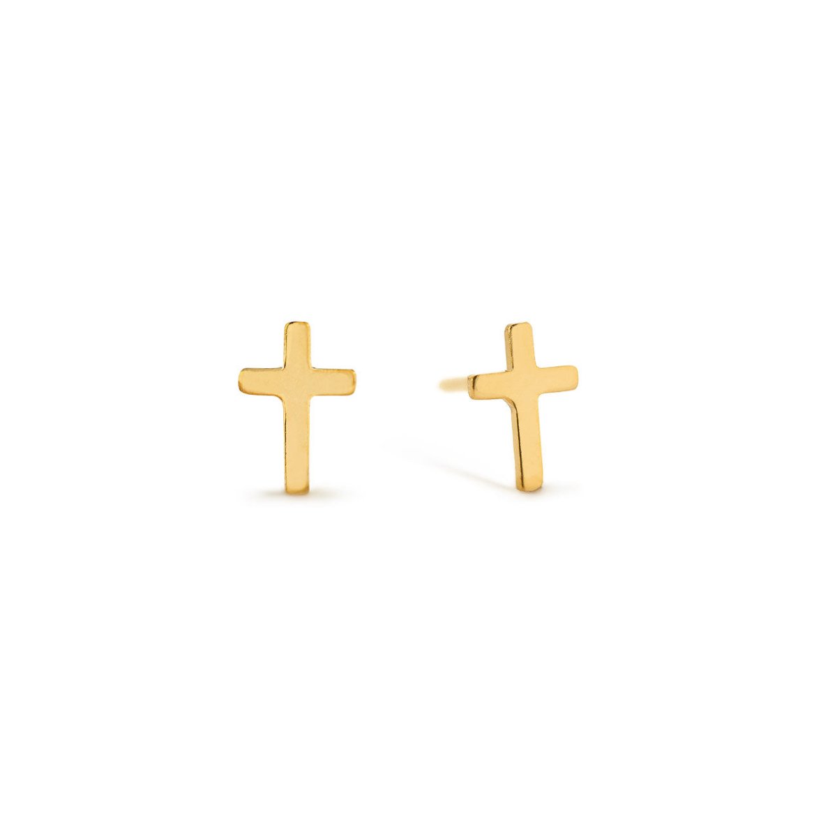Gold-filled tiny cross stud earrings, polished, shown as a pair on a white background