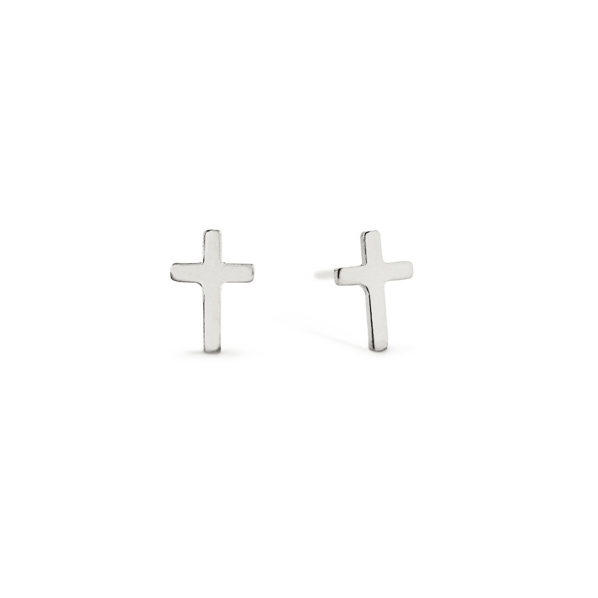 14K white gold tiny cross stud earrings, polished, shown as a pair on a white background