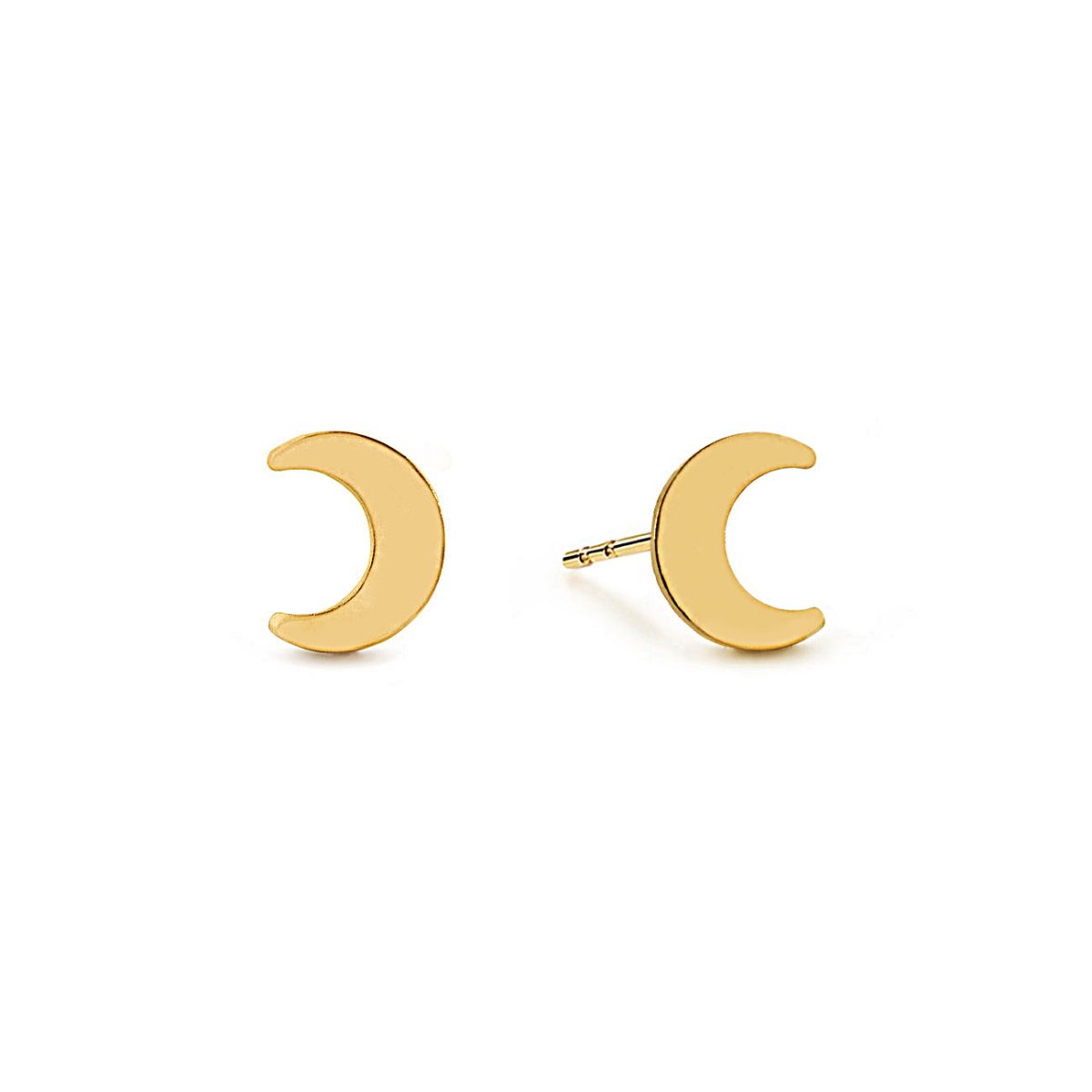 Gold-filled crescent moon studs with a smooth polished finish, on a white background