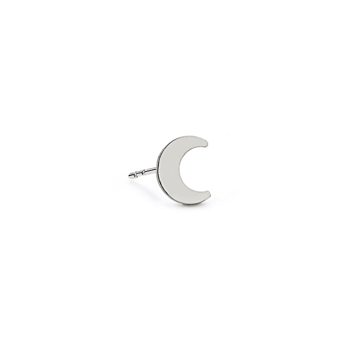 14K white gold single crescent moon stud with a smooth finish, on a white background
