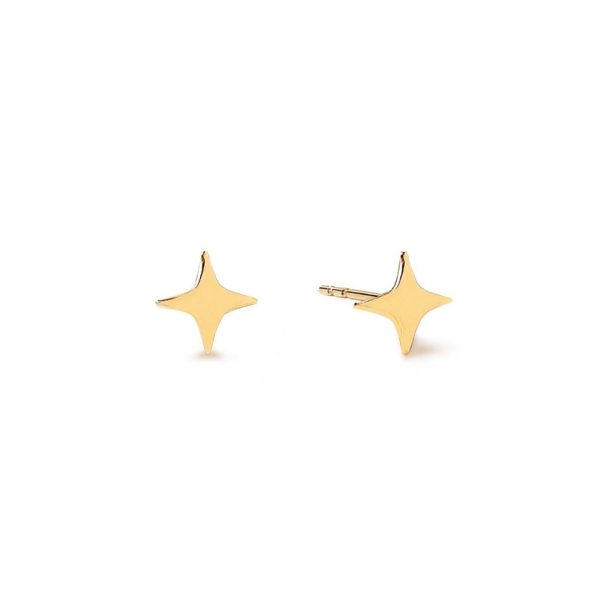Pair of 14K gold four-point star studs, front and side view on a white background