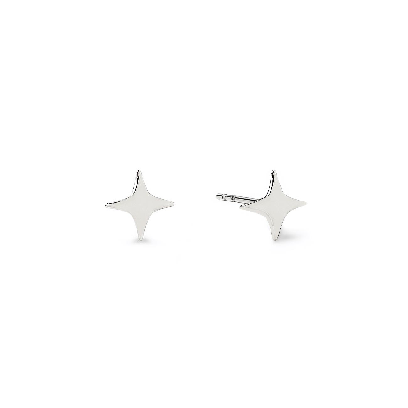 Pair of 14K white gold four-point star studs, front and side view on a white background