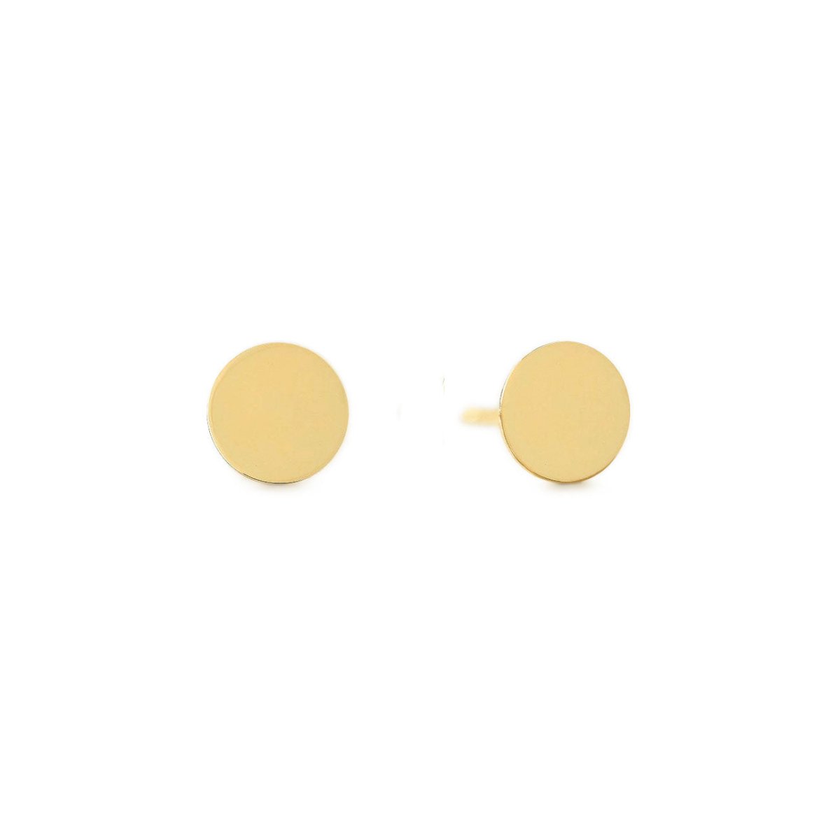 Pair of 14K gold flat round disc stud earrings, on a white background