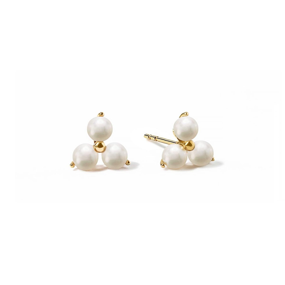 14K gold trinity studs of three clustered pearls, pair on a white background