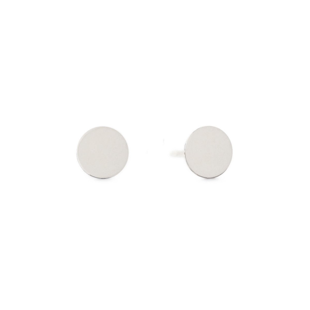 Pair of sterling silver flat round disc stud earrings, on a white background