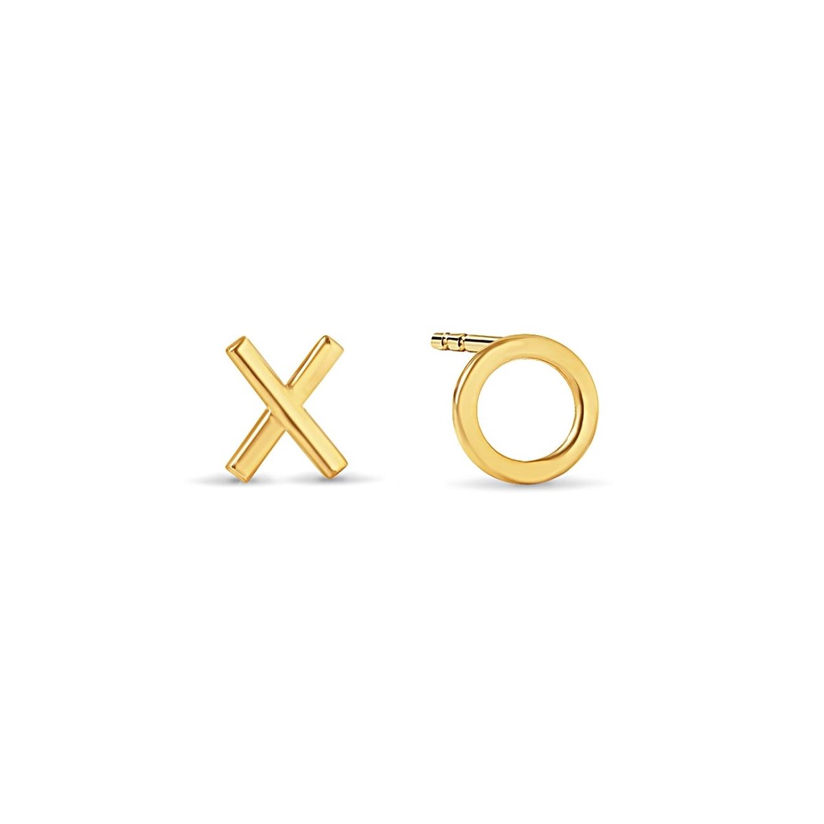 Pair of 14K gold XO stud earrings, an X bar and an open O, on a white background
