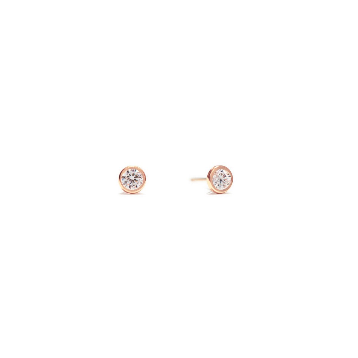 14K rose gold bezel-set stud earrings with round white zirconia stones, on a white background