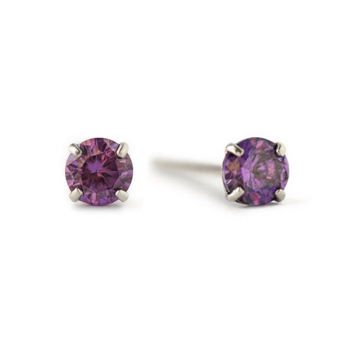 14K white gold prong-set alexandrite stud earrings with round purple stones, on a white background