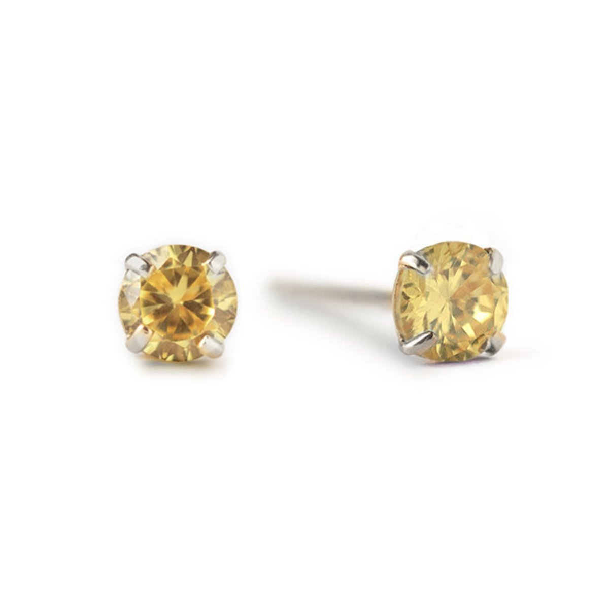 14K white gold citrine stud earrings with round golden-yellow stones in prong settings, on a white background