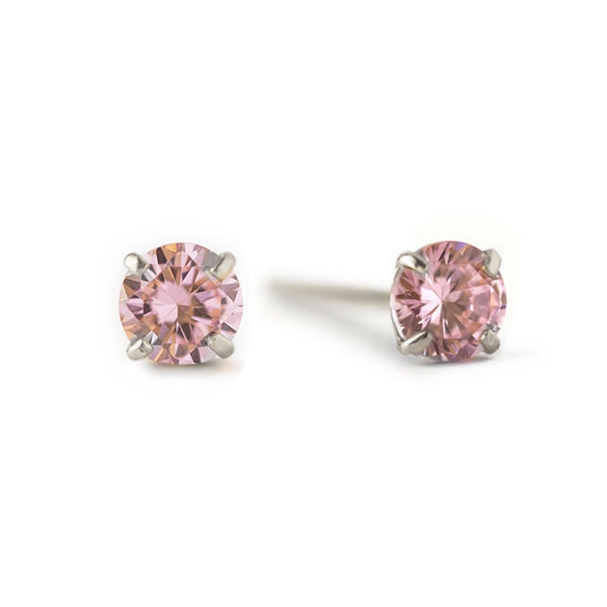 14K white gold pink sapphire studs with round pink stones in four-prong settings, on a white background