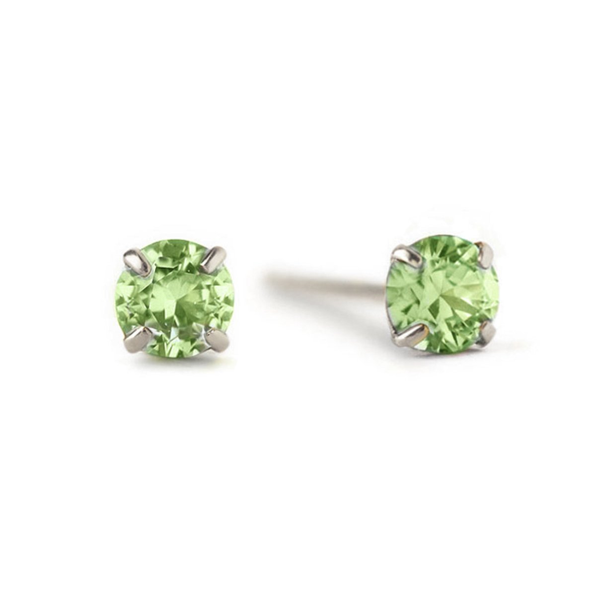 14K white gold peridot studs with round green stones in four-prong settings, on a white background