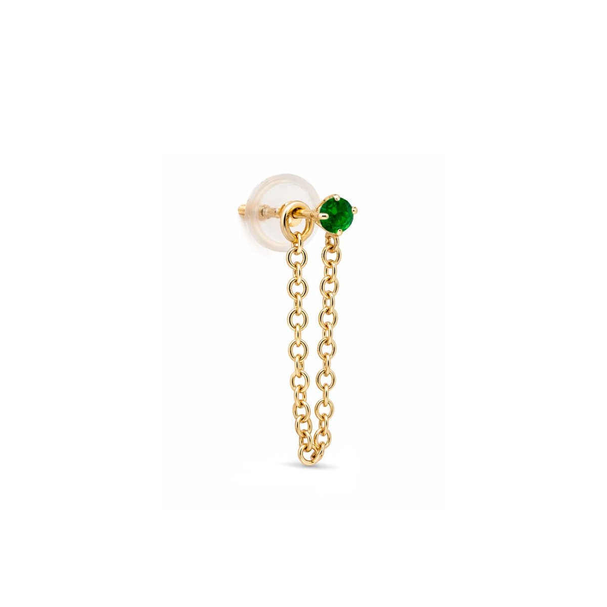 14K gold single chain stud earring with a round green emerald and draped chain, on a white background