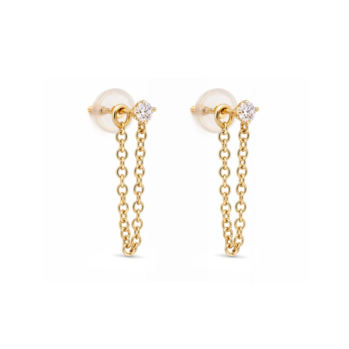 14K gold chain earrings with a white zirconia stud and front-to-back chain drop, on a white background