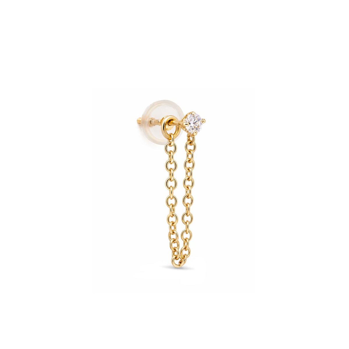 14K gold single chain stud earring with a round clear white zirconia and draped chain, on a white background