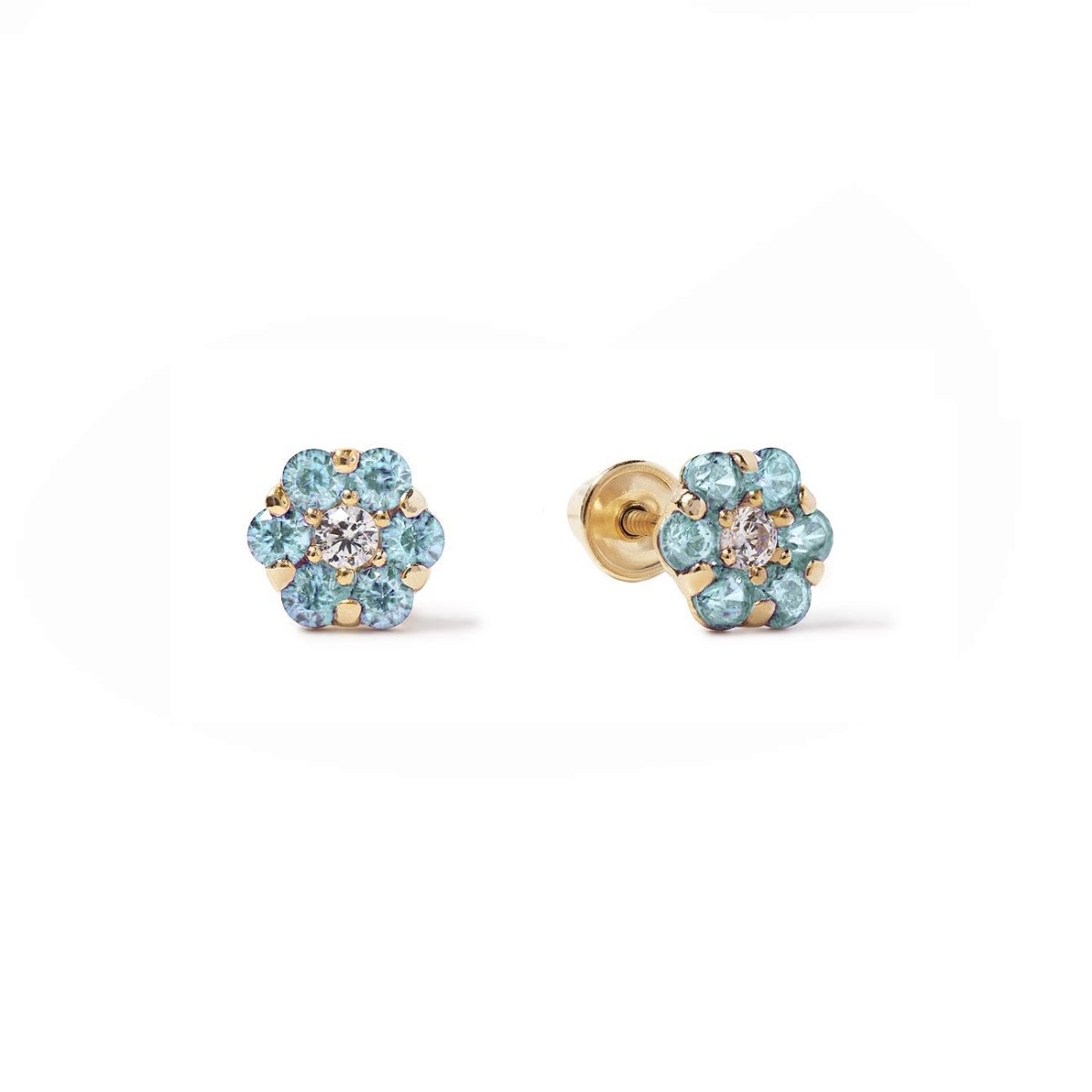 14K gold flower cluster studs with aquamarine petals and a clear center stone, on a white background