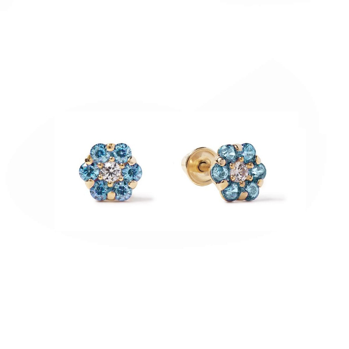 14K gold flower cluster studs with blue zircon petals and a clear center stone, on a white background