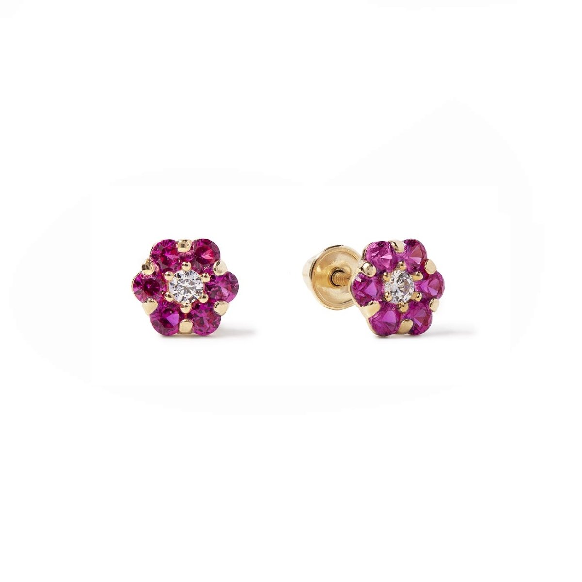 Pair of 14K gold ruby cluster flower studs with pink stones and a clear center, on a white background