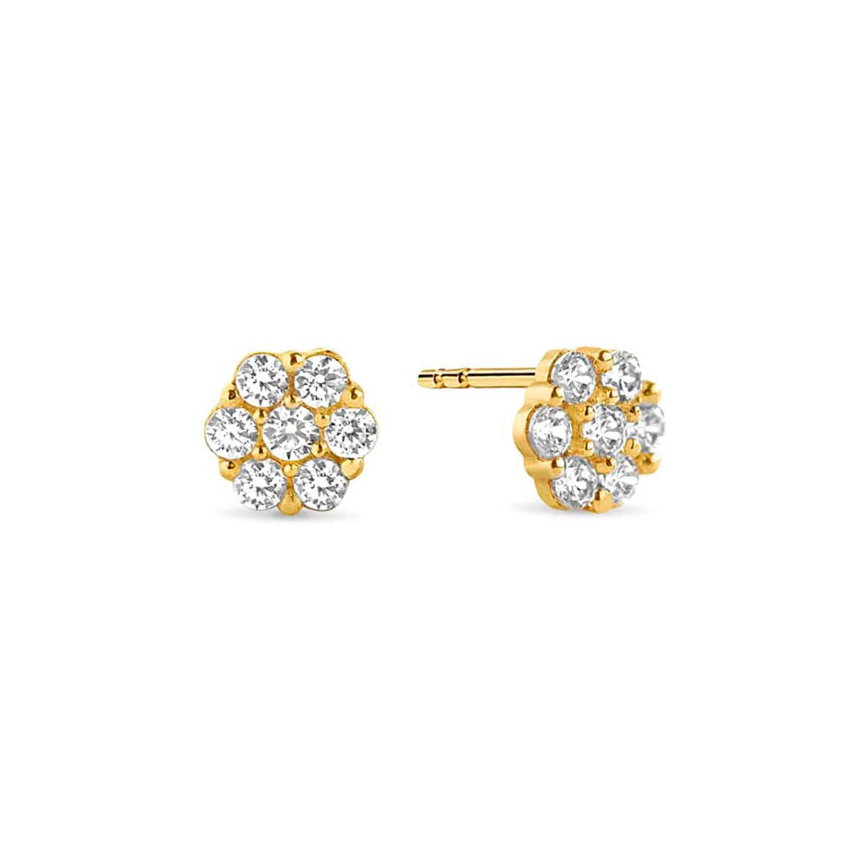 Pair of 14K gold white zirconia cluster flower studs with round clear stones, on a white background
