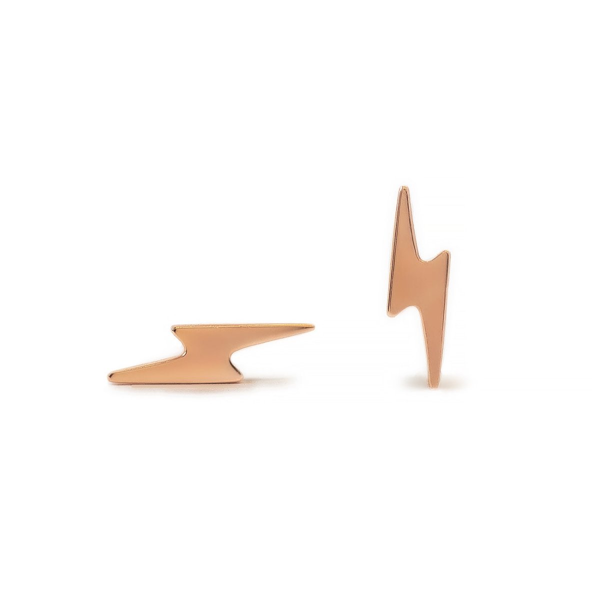 14K rose gold solid lightning bolt stud earrings shown front and side profile, on a white background