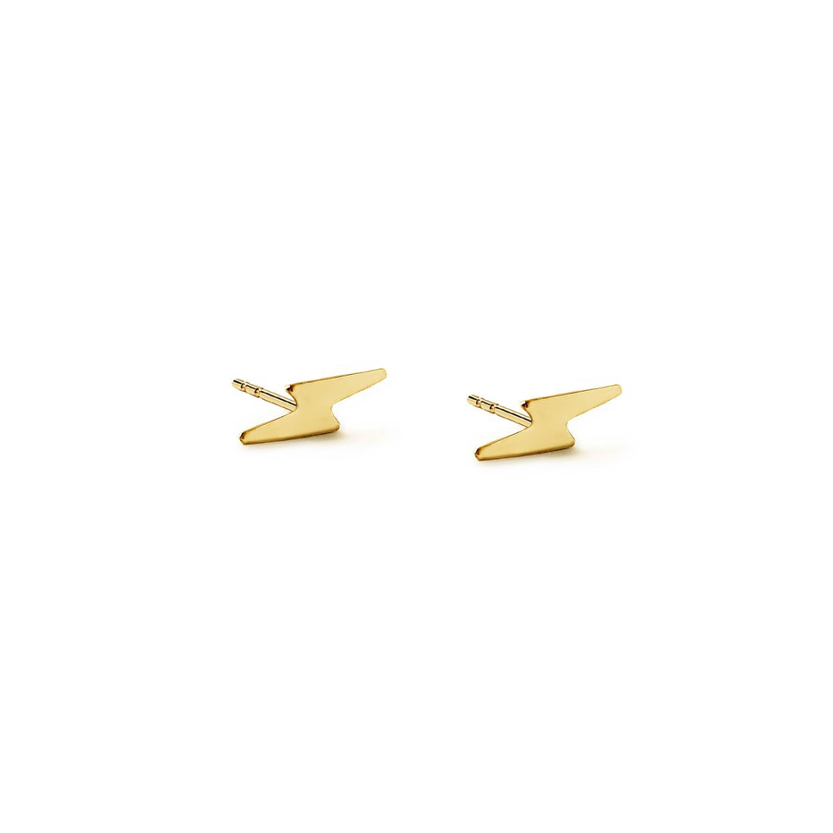 14K gold tiny lightning bolt stud earrings shown as a pair, on a white background