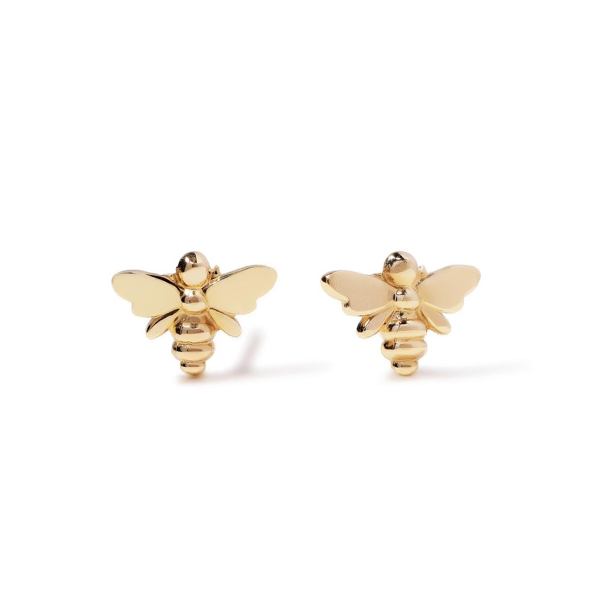 Pair of 14K gold mini bee stud earrings with detailed wings, on a white background