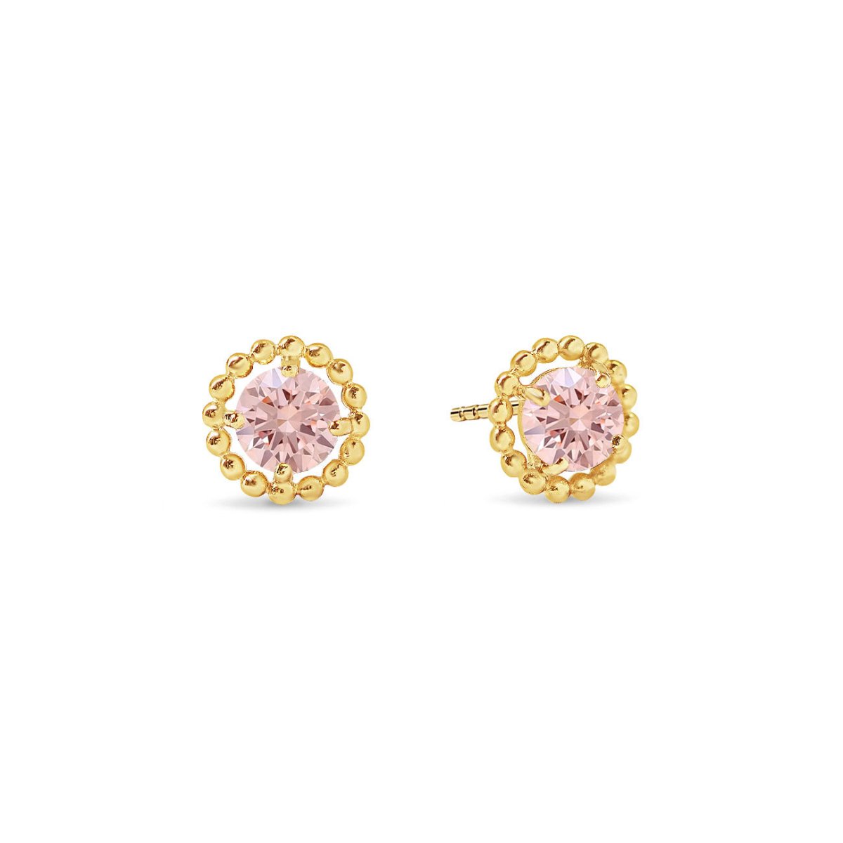 14K gold beaded-halo studs with round pink sapphire stones, on a white background