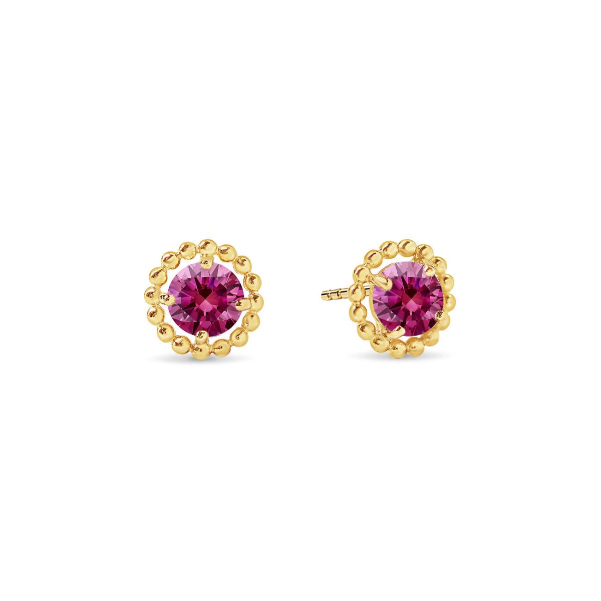 14K gold beaded-halo studs with round ruby stones, on a white background
