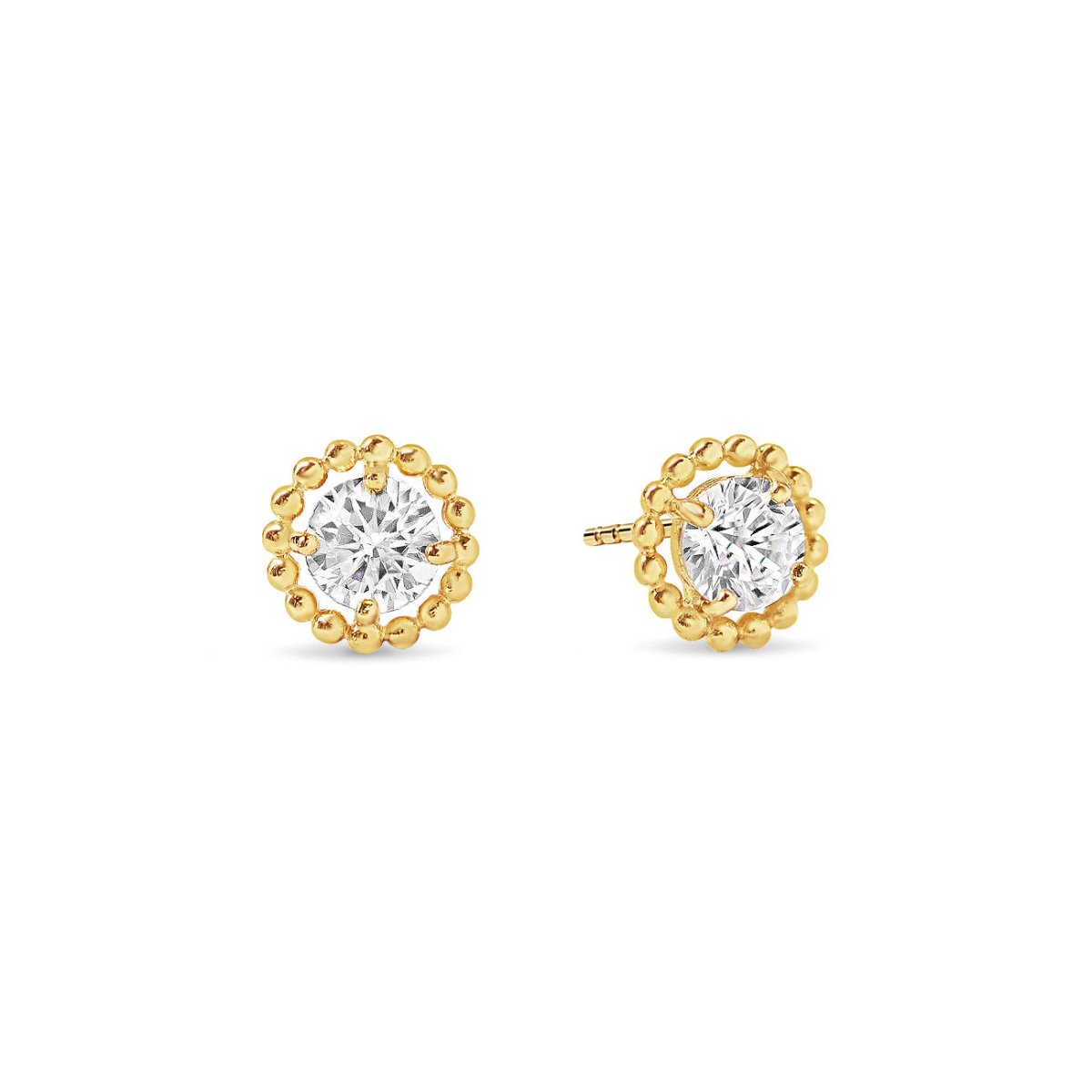 Pair of 14K gold beaded solitaire studs with round white zirconia stones, on a white background
