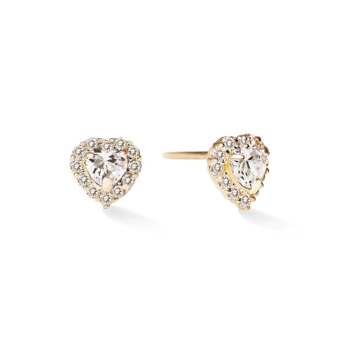 14K gold heart halo studs with clear white zirconia heart centers and pavé halos, on a white background