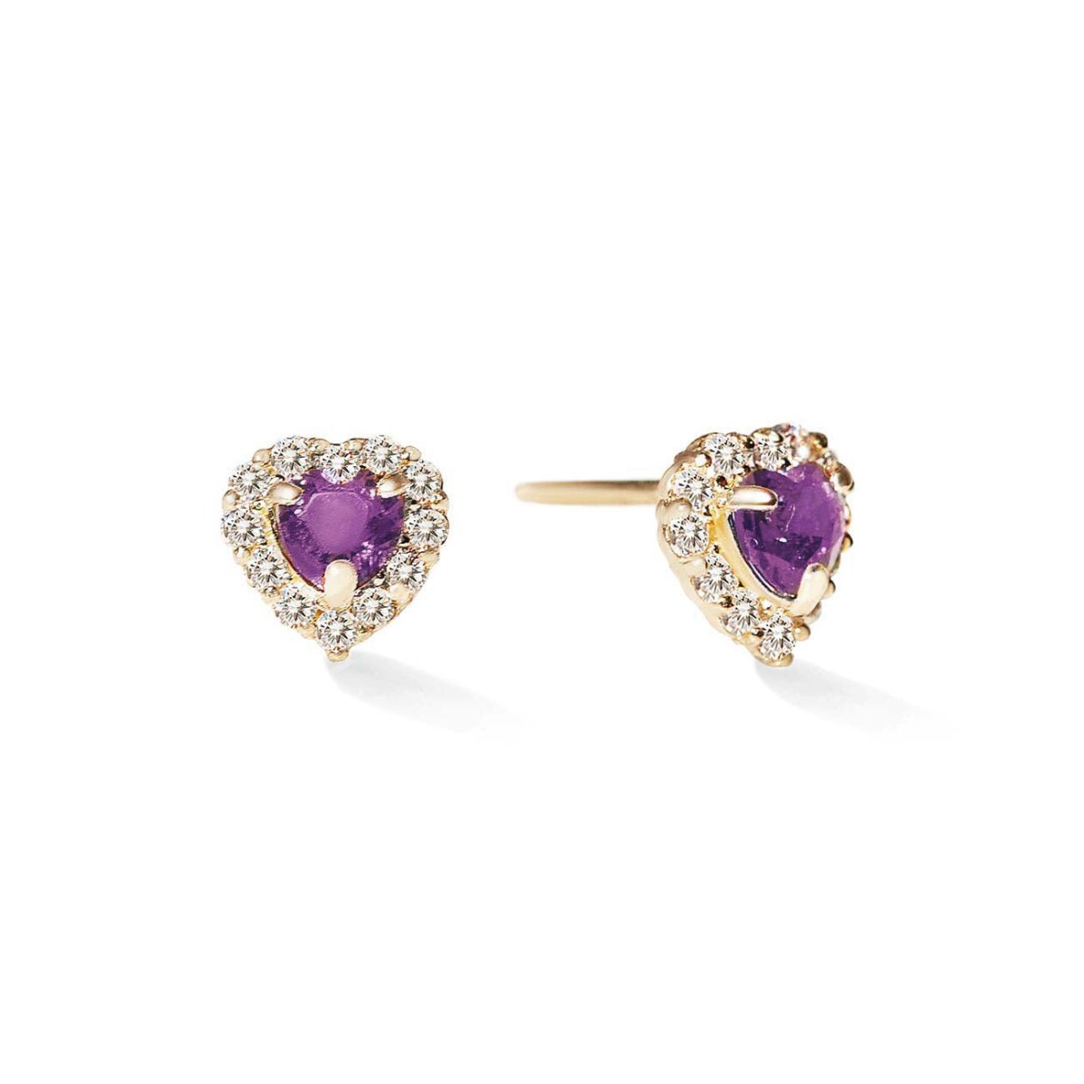 Pair of 14K gold heart-cut amethyst halo stud earrings with clear stone halo, on a white background