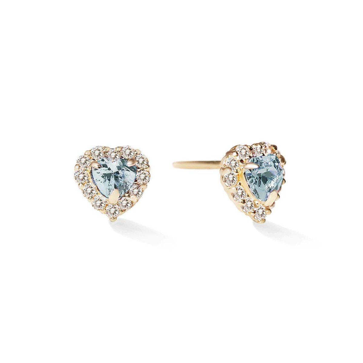 Pair of 14K gold heart-cut aquamarine halo stud earrings with clear stone halo, on a white background