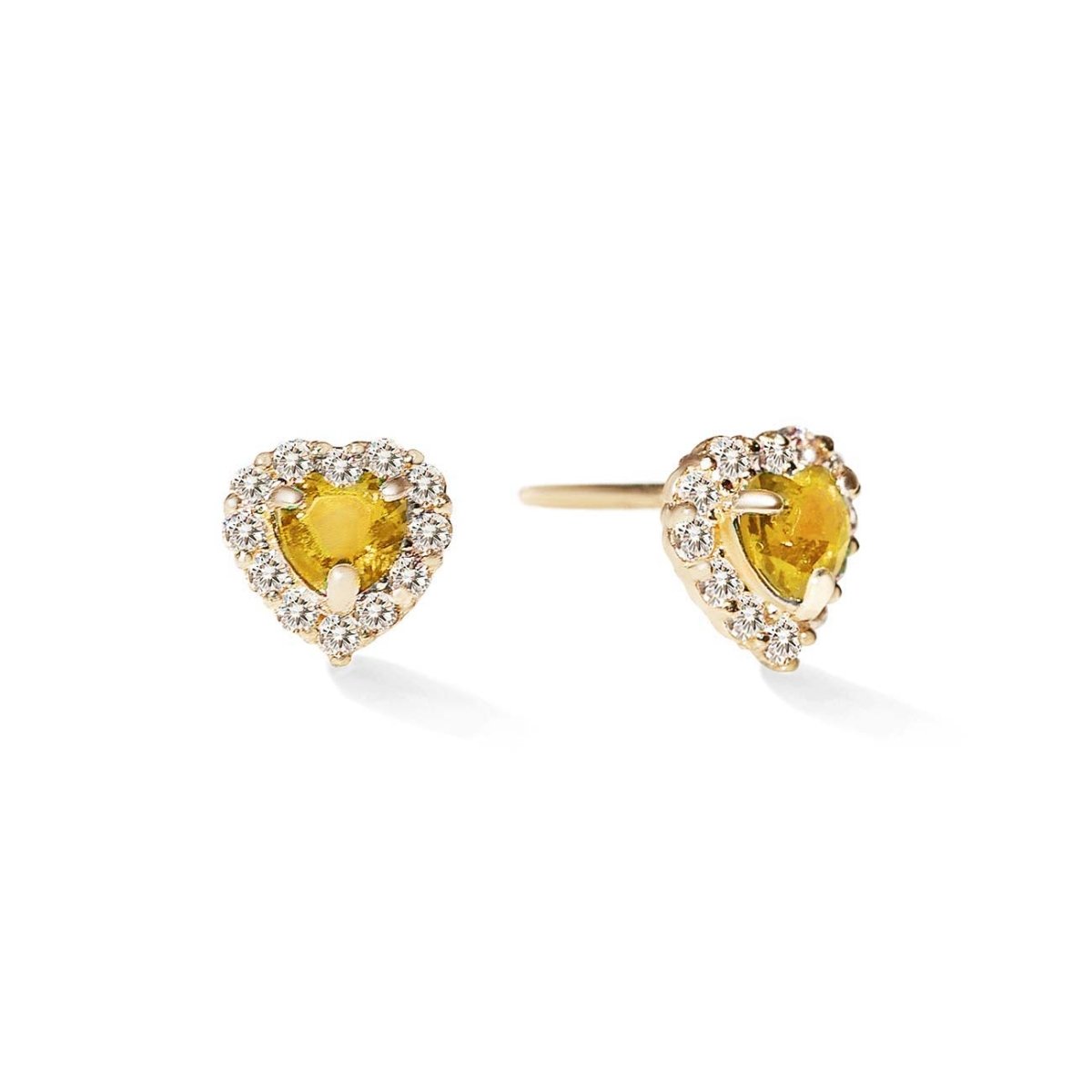 14K gold heart halo studs with citrine heart centers framed by clear pavé stones, on a white background