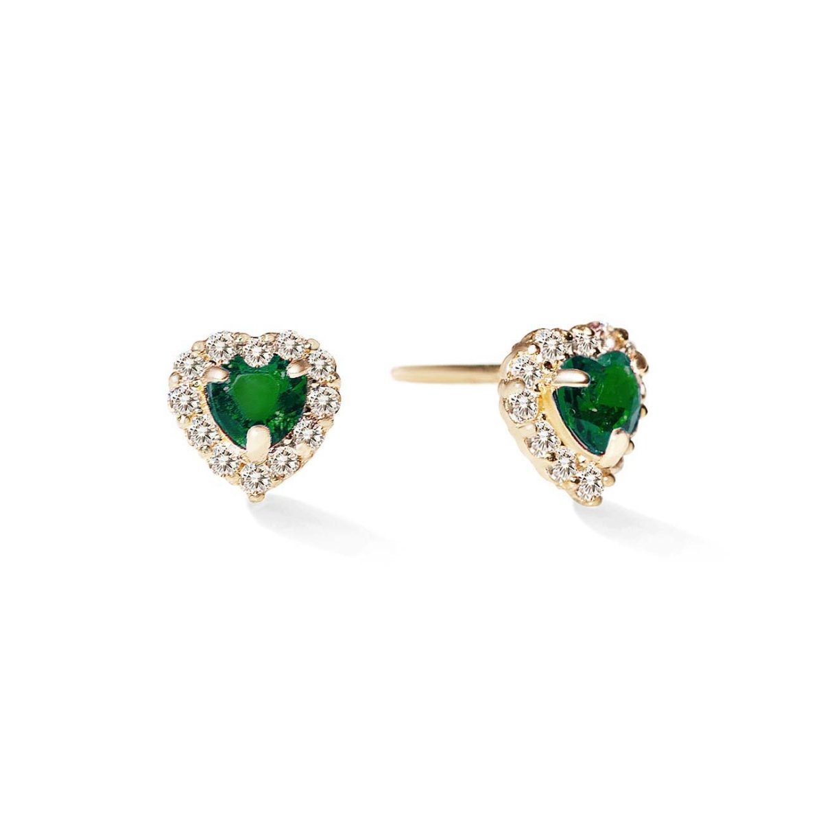 14K gold heart halo studs with emerald heart centers framed by clear pavé stones, on a white background