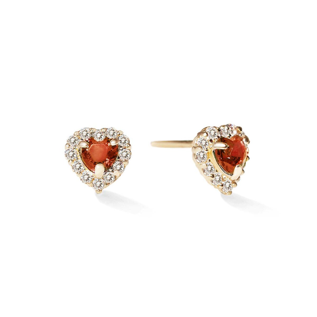 14K gold heart halo studs with deep red garnet heart centers framed by clear pavé stones, on a white background