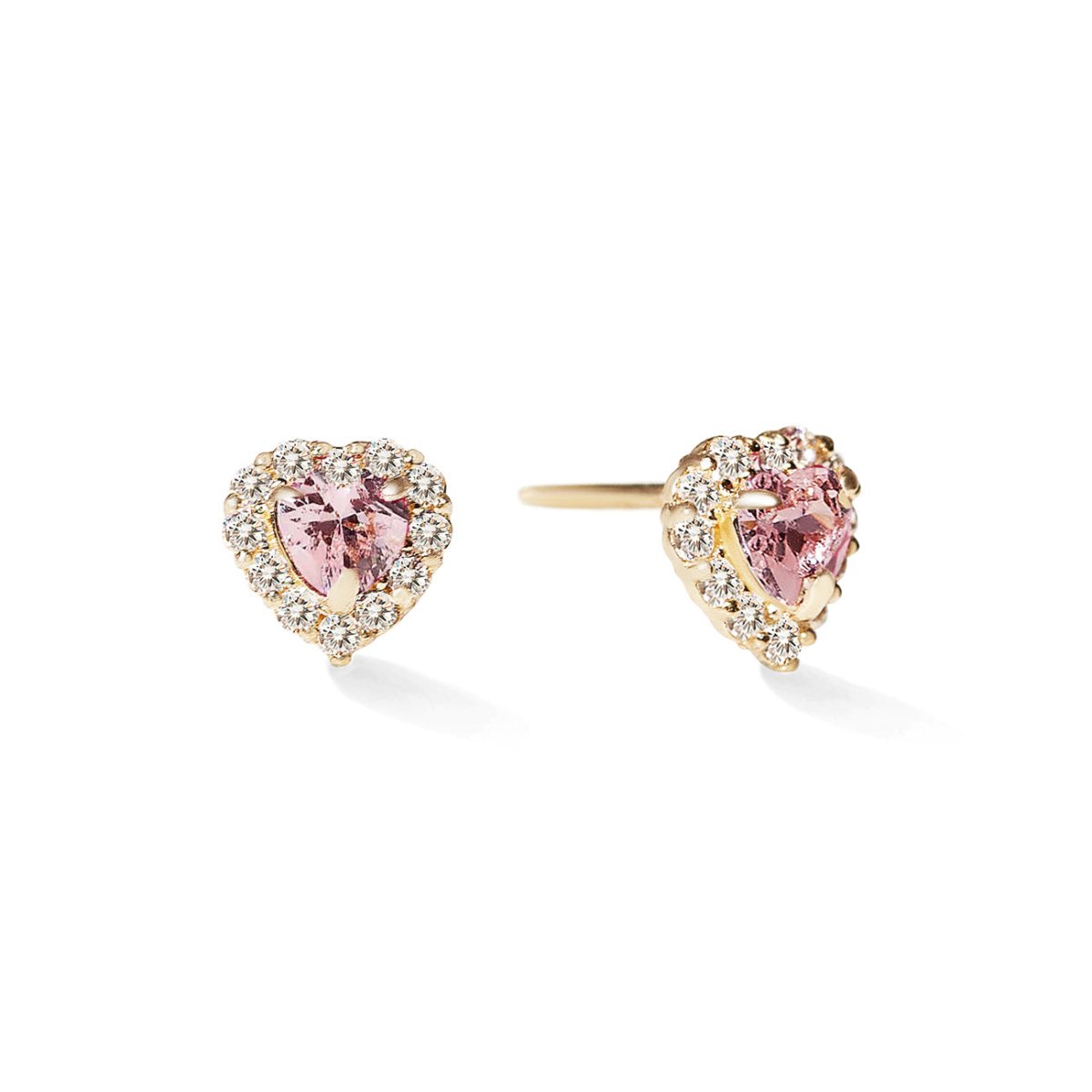 14K gold heart halo studs with pink sapphire heart centers framed by clear pavé stones, on a white background