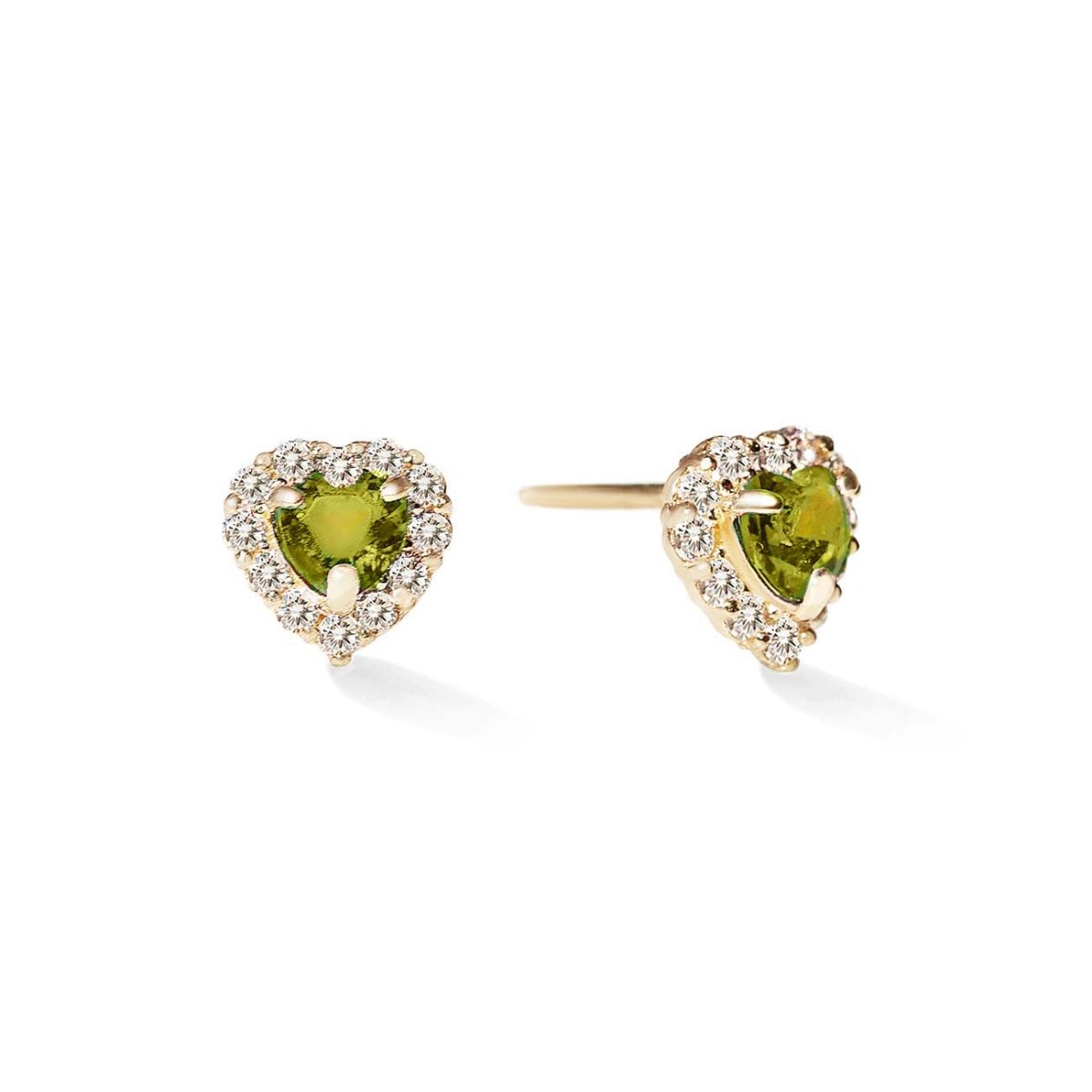 14K gold heart halo studs with green peridot heart centers framed by clear pavé stones, on a white background
