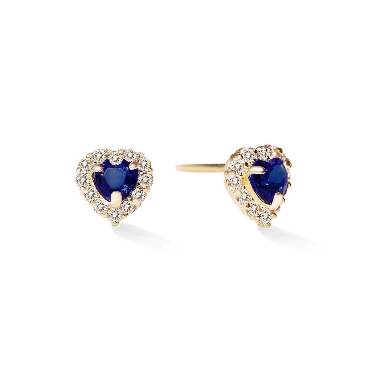 Pair of 14K gold heart-cut blue sapphire halo stud earrings with clear stone halo, on a white background