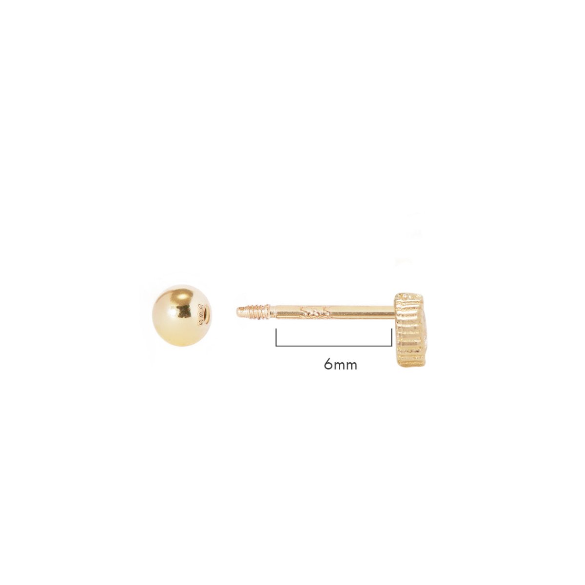 14K gold bezel pear single stud, screw back close-up with a 6mm post length size guide