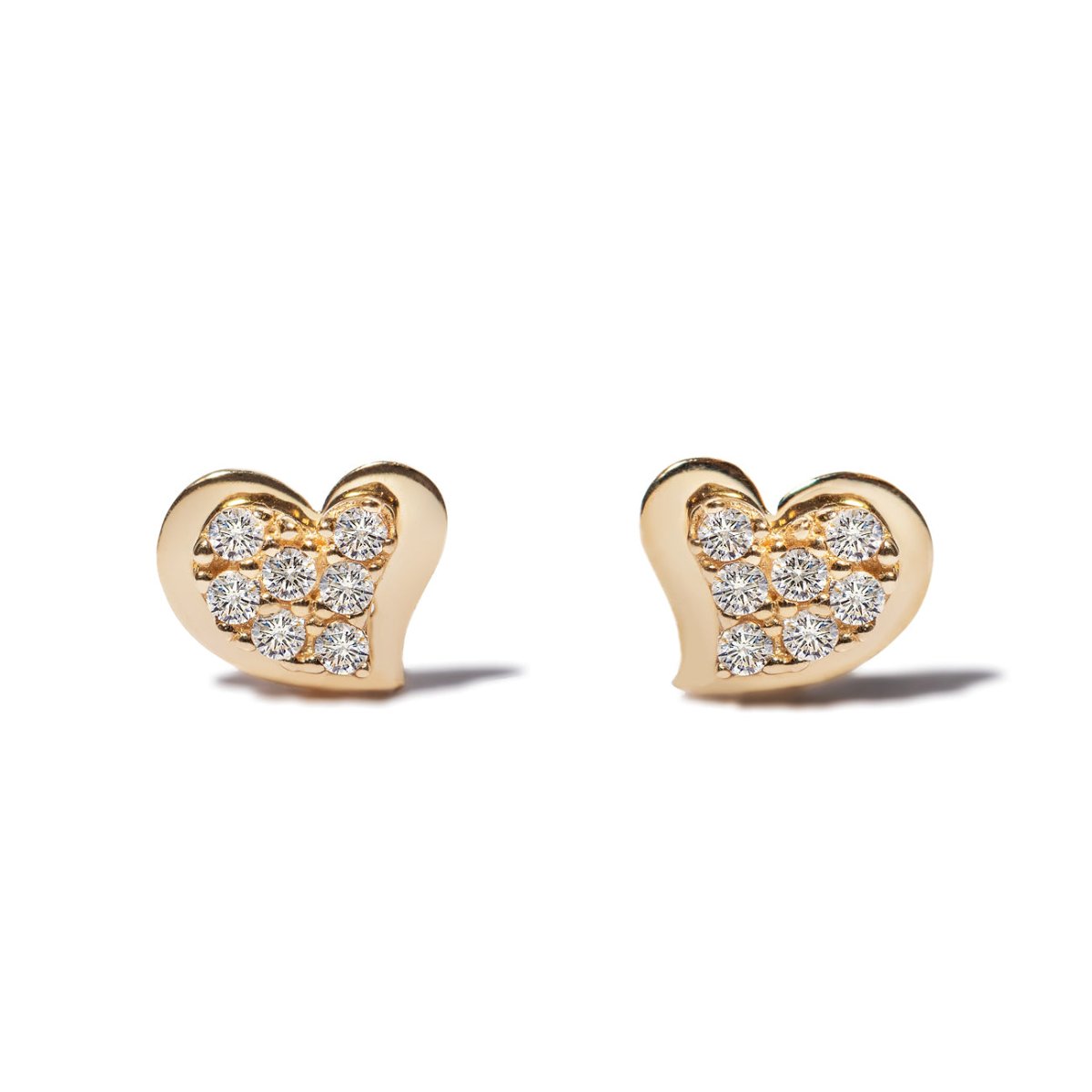 14K gold pavé heart studs set with round white zirconia stones, on a white background