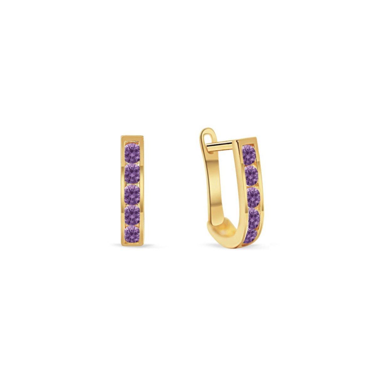 14K gold U-shaped huggie hoops channel-set with round purple stones, on a white background