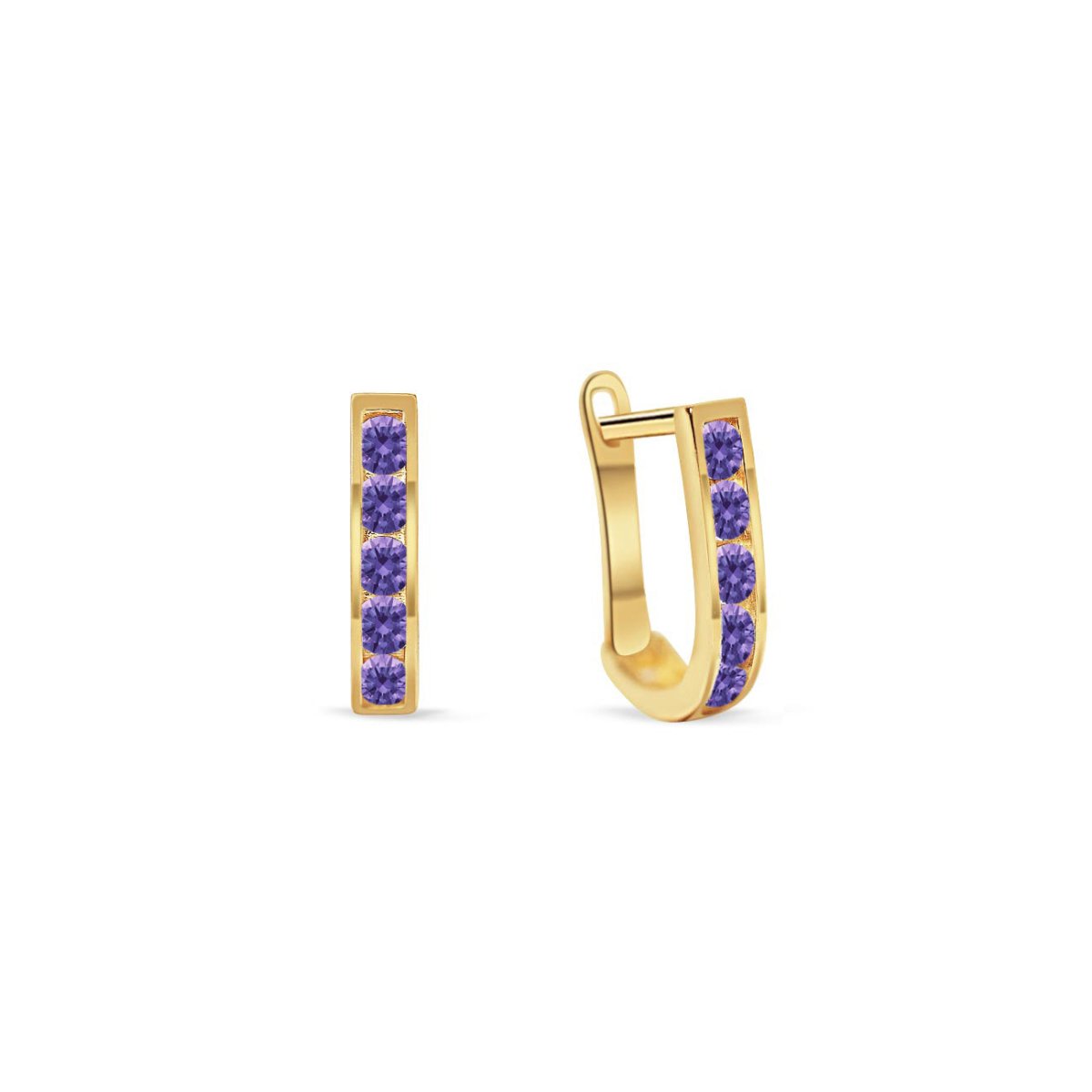 14K gold U-shaped huggie hoops channel-set with round purple stones, on a white background