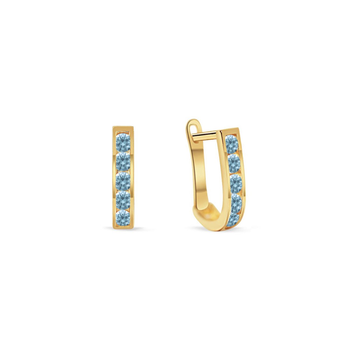 14K gold U-shaped huggie hoops channel-set with light blue aquamarine stones, on a white background