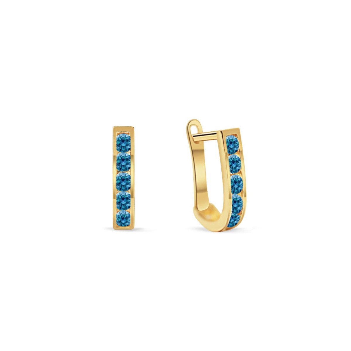 14K gold U-shaped huggie hoops channel-set with bright blue zircon stones, on a white background