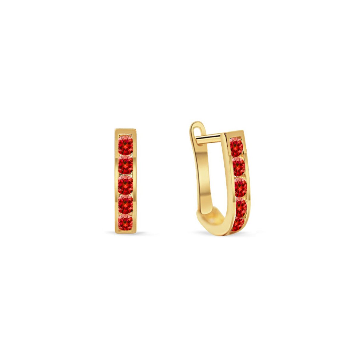 14K gold U-shaped garnet huggie hoops with channel-set red stones, on a white background